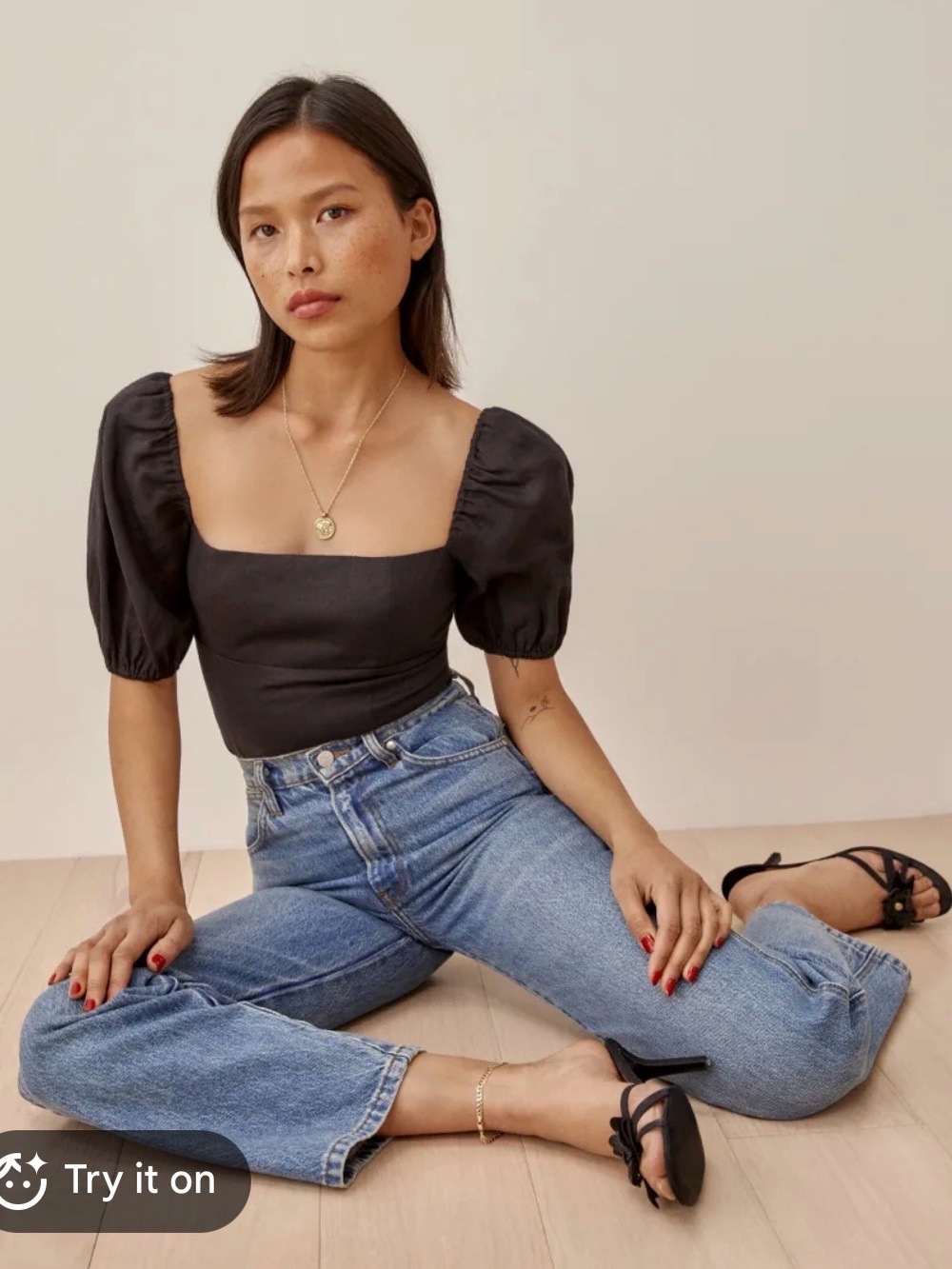 Reformation Arancini Square Neck Puff Sleeve Linen Top in Black